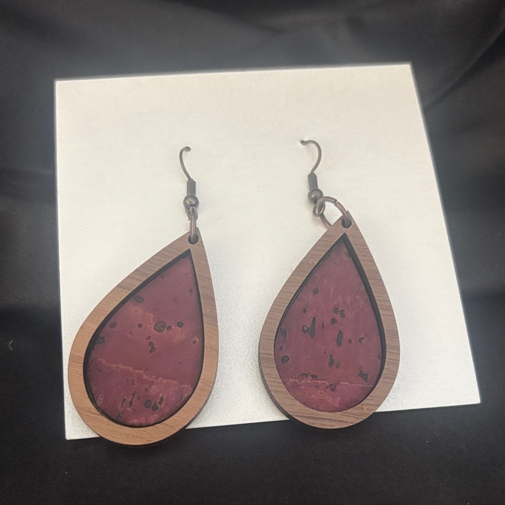 Teardrop Wood & Burgundy Resin Earrings - Women Jewelry